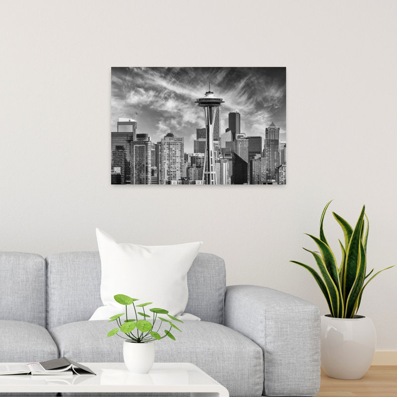 «Seattle Space Needle Skyline Dramatic Modern Abstract Architecture City», reproduction d'art murale, 24" H x 36" W