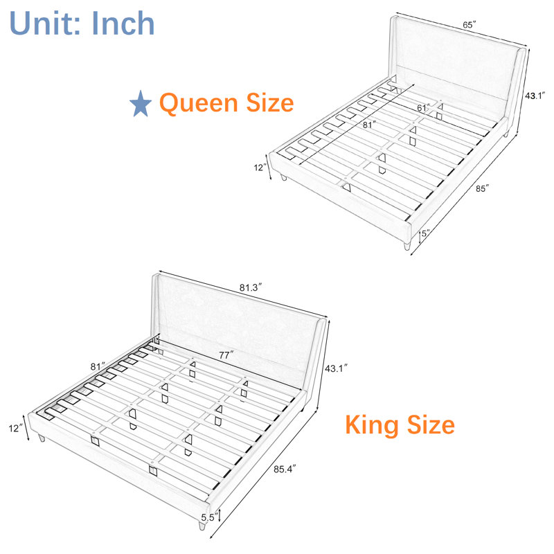Wingback Upholstered Bed with Walnut Legs, Queen, Ivory Boucle