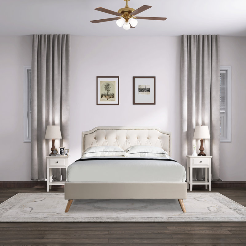 Lit plateforme tapissier capitonné Dilcia, Complète, Beige