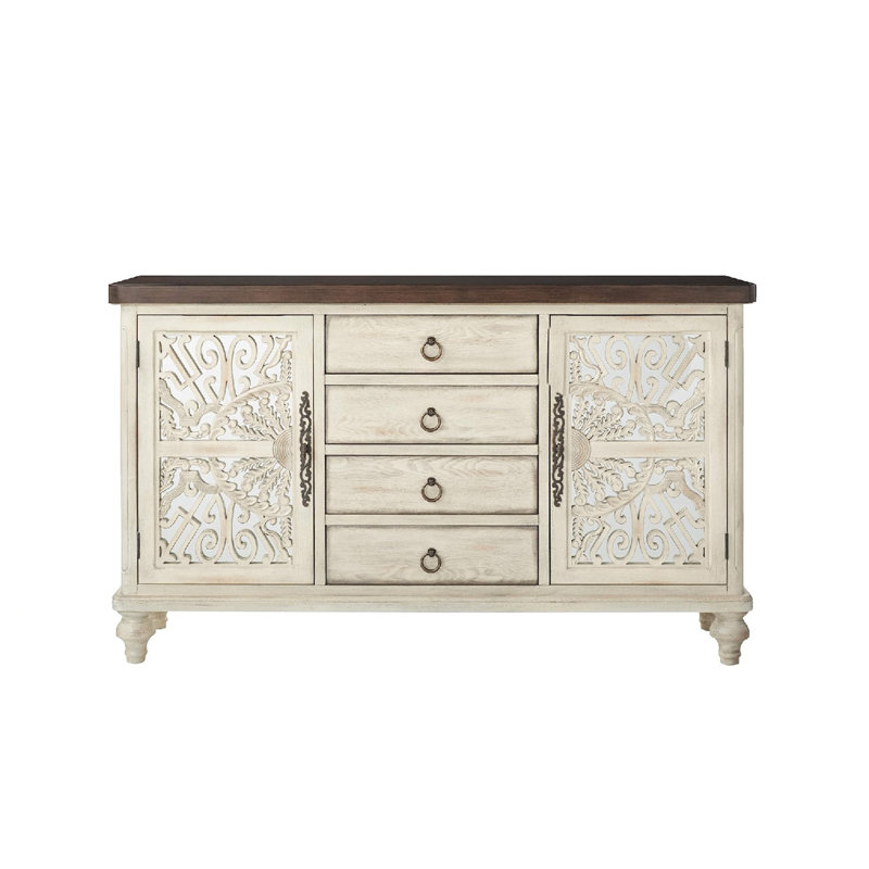 Console 2 portes et 4 tiroirs en blanc antique