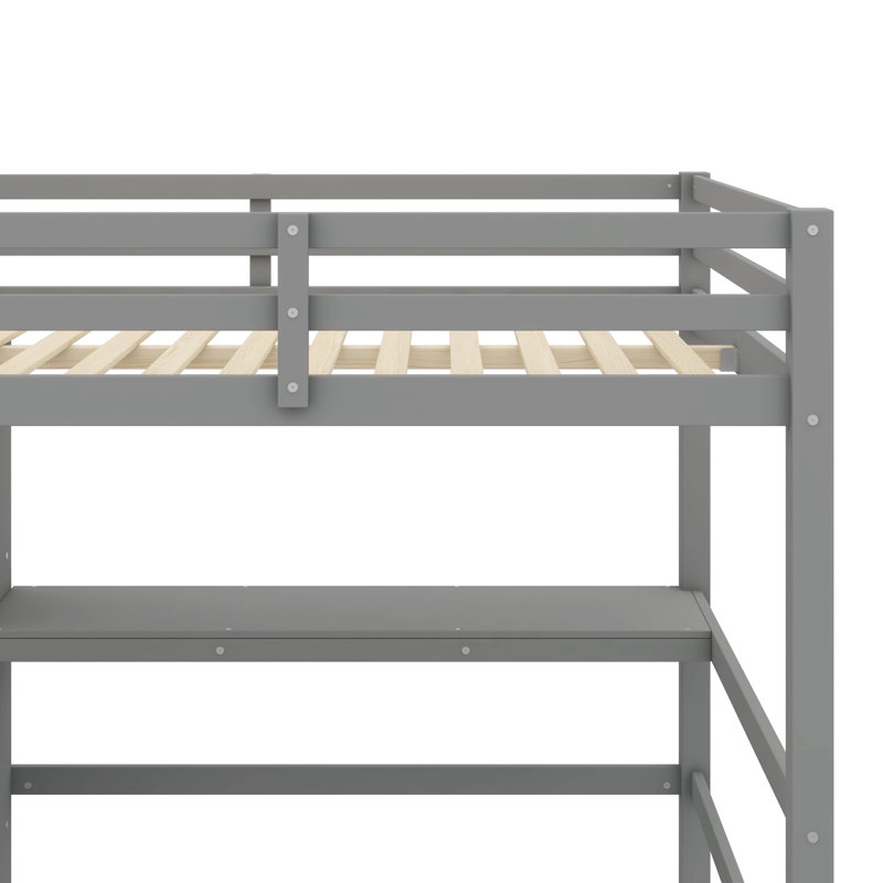 Lit double surélevé en bois pleine grandeur avec espace de travail et tablettes polyvalentes, Gris