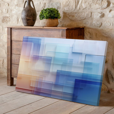 Reproduction d'art abstraite sur toile avec formes rectangulaires superposées de différentes tailles et opacités d'art mural disposées dans une toile