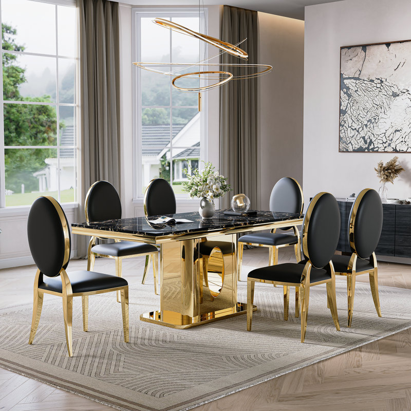 70.08" Dining Table Set Of 6,Rectangle Faux Marble Table And 6 Faux Leather Dining Chairs With Stainless Steel Base, Black