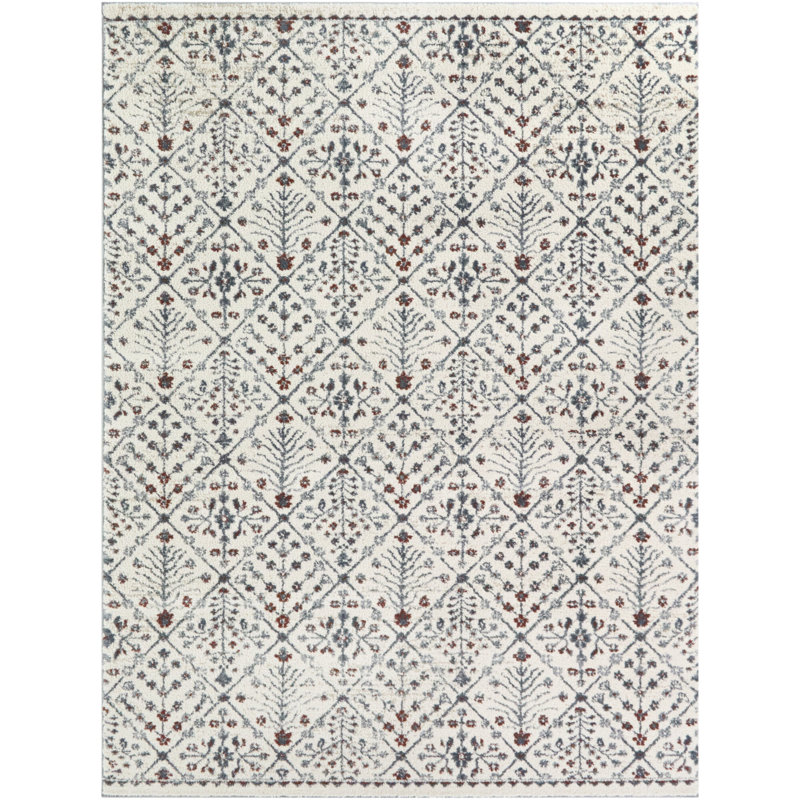 Gilles Blue/Rust Botanical Diamond Area Rug, 5'3" x 7'