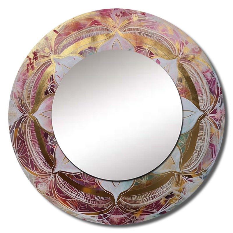 Prassede rose or Mandala II - miroir mural Mandala Boho, miroir décoratif rond traditionnel, impression d'art en métal