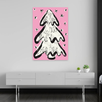 Christmas Tree And Snow Pink Abstract Contemporary Landscape Nature Wall Art Print 1 Piece Wrapped Canvas Wall Art