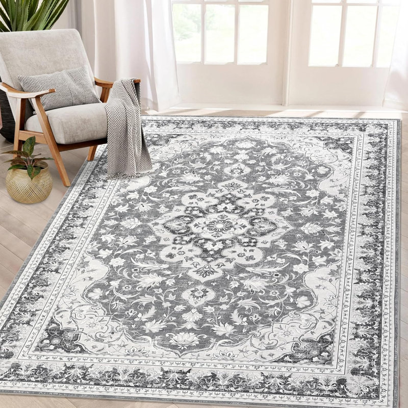 Washable Area Rug for Living Room, Bedroom, Dining, Vintage, Non-Slip, Stain-Resistant, Grey, Rectangle 9' x 12'