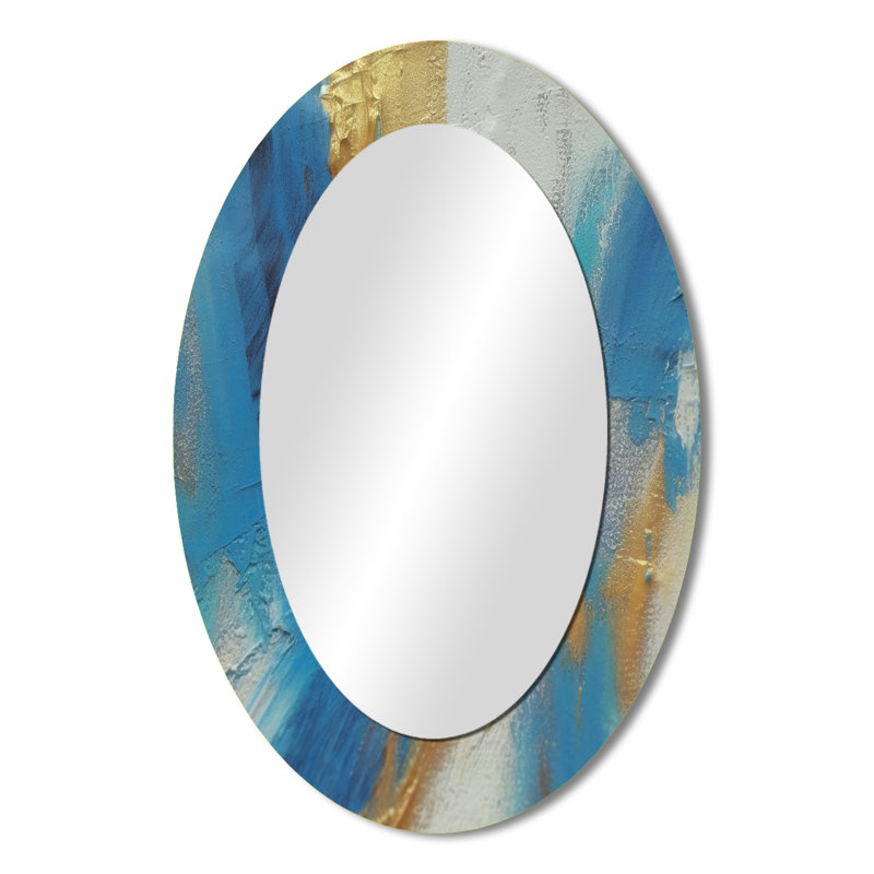 Sudden Sensuality Abstract Turquoise And Gold - Abstract Oval Decorative Mirror On Metal, 36" x 24"