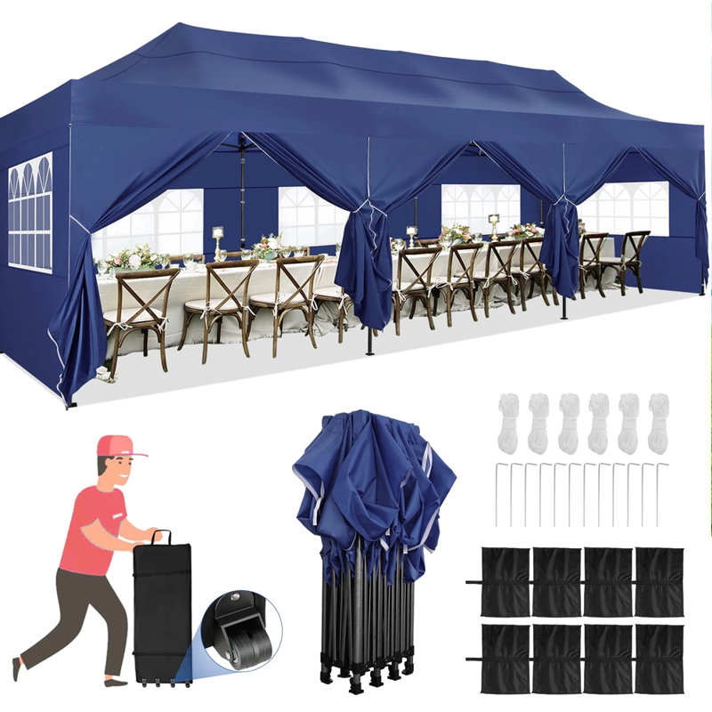 30 Ft x 10 Ft Real Heavy Duty Steel Pop-Up Canopy with 8 Sidewalls, Dark Blue