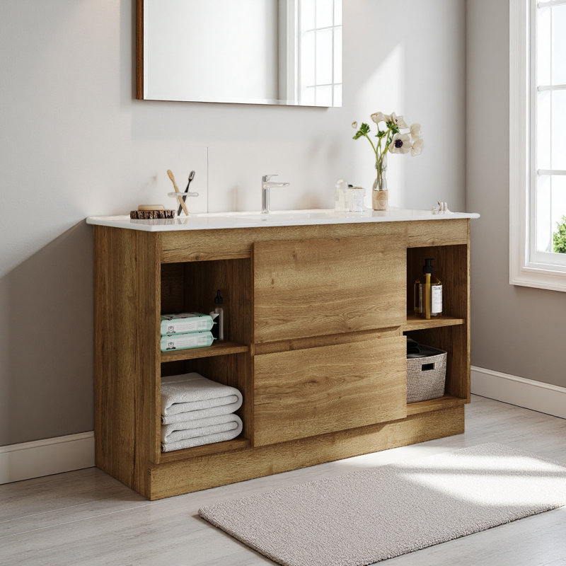 Ensemble de meuble-lavabo simple 48 po avec de grands rangements de 48 po, plateau de table blanc brillant, pré-assemblé