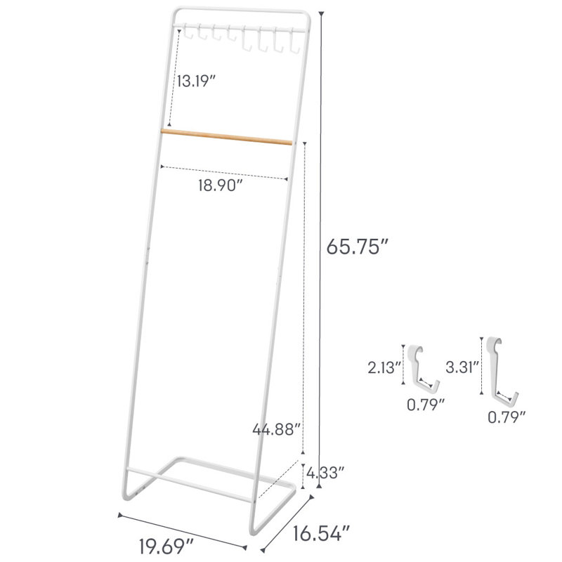 White Steel Freestanding Coat Rack with Wooden Bar and Hooks