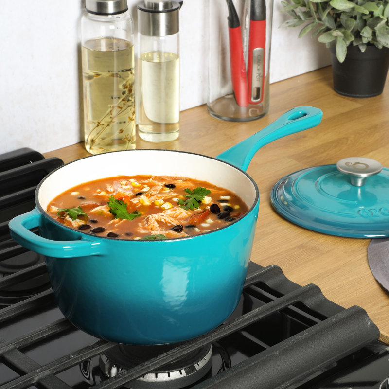 Crock-Pot 3 Qt Enamel Cast Iron Sauce Pan W/Lid - Matte Linen White, Teal Ombre