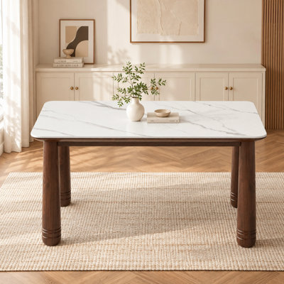 Retro Chunky Leg Wooden Dining Table, Walnut Rectangular Dinner Table for Small Home