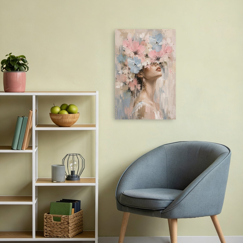 Femme rêveuse aux fleurs - Portrait abstrait contemporain - Affiche murale florale, H 24 po x l 16 po