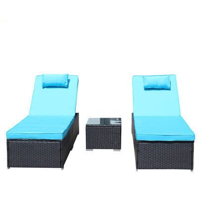 3-Piece Outdoor Patio Furniture Set Chaise Lounge, Patio Reclining Lounge Chair Chaise Couch Cushioned With Glass Coffee Table, Adjustable Back And Feet, Lounger Chair For Pool Garden