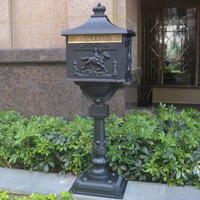 45.5" Cast Aluminum Post Mounted Mailbox, Traditional Locking Mailbox with Roofs and Side Reliefs