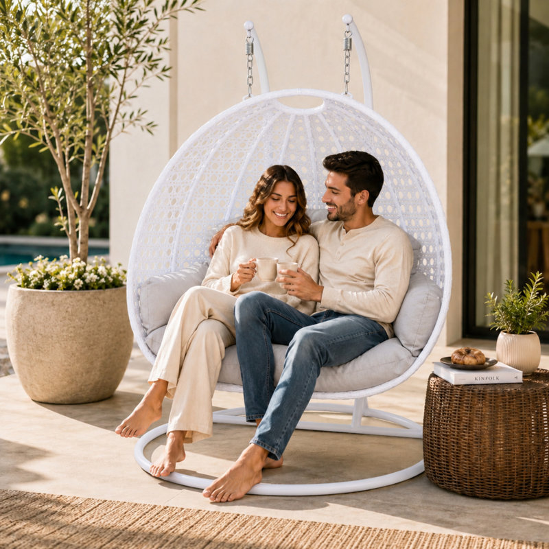 LeisureMod 2-Person Hanging Egg Chair with Stand, Indoor Outdoor Patio Double Swing Chair, Heavy Duty Wicker Basket Chair with Weather-Resistant Cushion & Waterproof Cover for Backyard, Porch, Deck