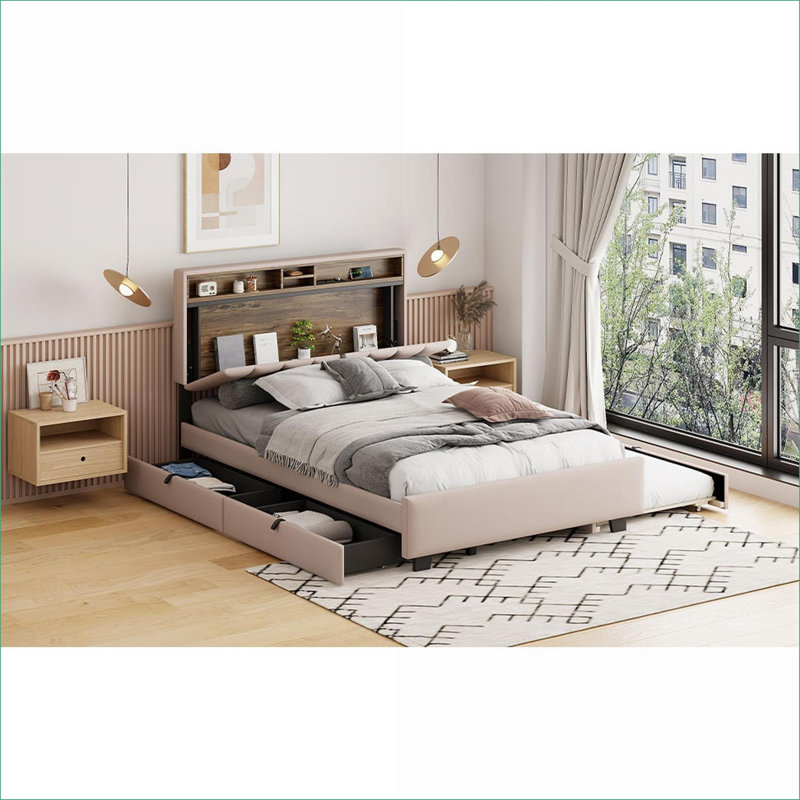 Lit plateforme en lin pleine grandeur avec capacité de charge de 500 lb avec ports USB beige pour petite chambre à coucher