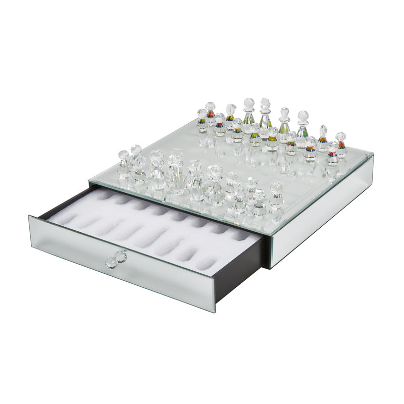 Crystal and Mirrored Glass Chess Set with Silver Accents