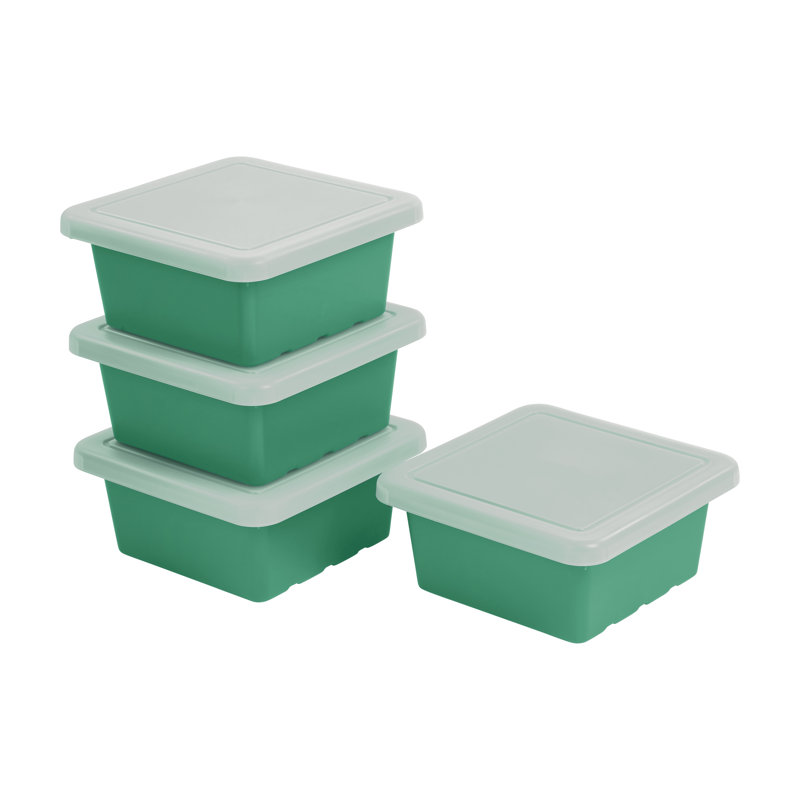 ECR4Kids Stackable Square Bins with Non-Snap Lids, Multipurpose Organization, 4-Pack, Emerald