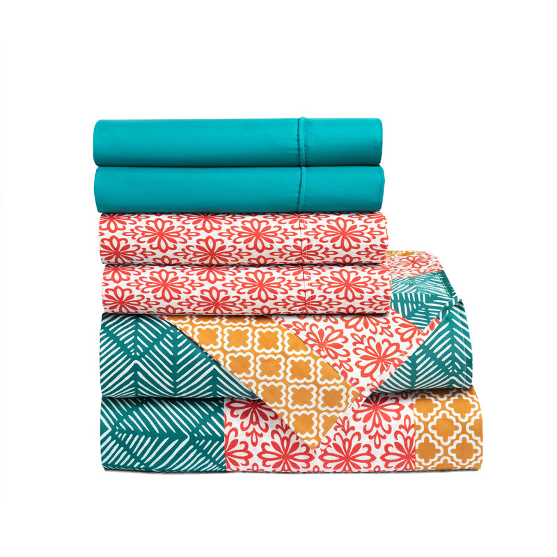 Bohemian Stripe Soft Sheet Set Turquoise/Orange 6Pc King, Queen Sheet Set+Fitted Sheet+4 Pillowcases