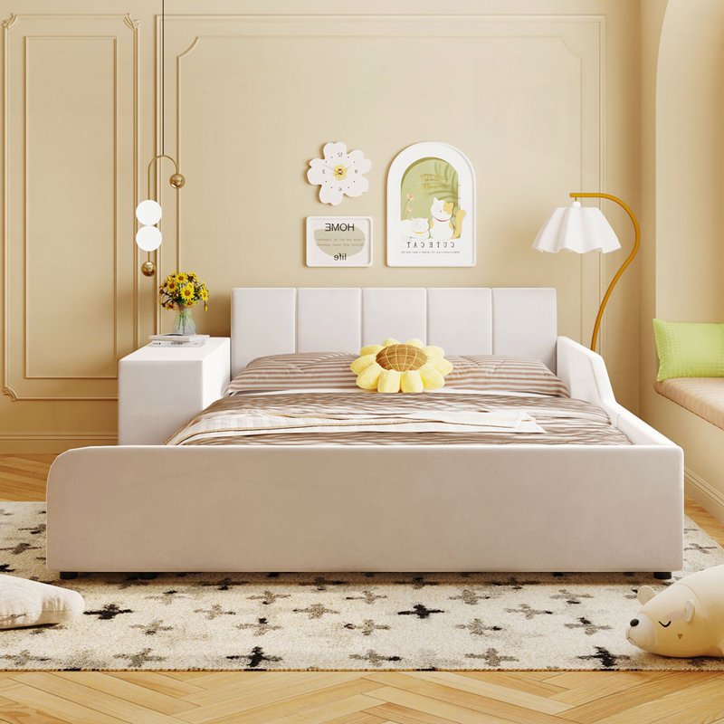 Lit tapissier en velours avec bureau de chevet et petit tabouret rond, Beige, Lit double