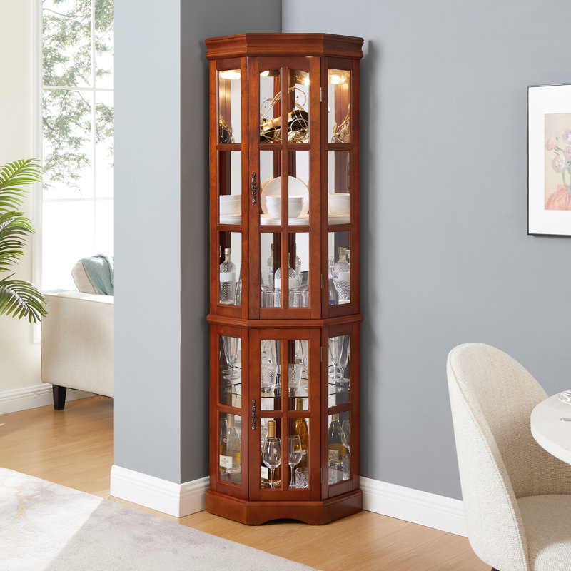 Corner Display Cabinet With 5 Shelves And Lighting, Walnut Look Finish Curio Led Lighting, Walnut