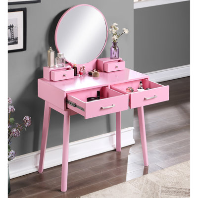 Pink Wood Dressing Table And Stool With Legs Cushioned Top Vanity In - Stylish Metal Glide Seating