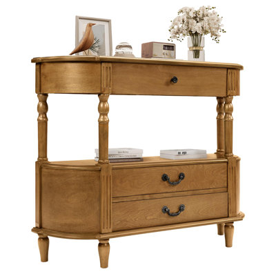 Solid Wood Half Moon Console Table with Drawers, 43 Inch Curved Retro Sofa Table for Entryway, Made of Pine with Roman Legs and Brown Finish