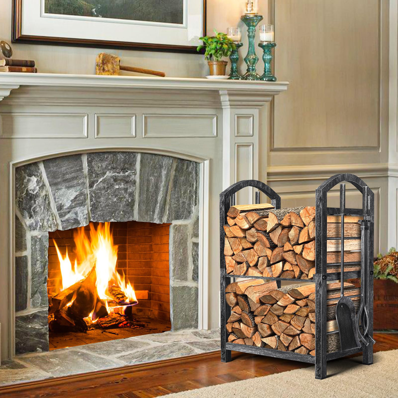 COAHAHA Firewood Rack With Fireplace Tools Set, Shelves, Sliding