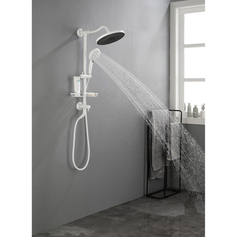 Salle de bain avec pomme de douche à effet pluie de 10 po rendant la douche plus agréable, douche à 4 mains, barre coulissante réglable et porte-savon - Fixations murales en laiton blanc avec pomme de douche incluse, pour