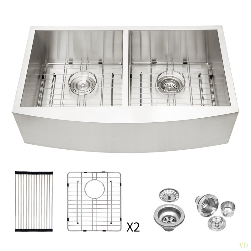 Évier de cuisine à double cuve (50/50) - 36 po x 20 po x 9 po en acier inoxydable avec tablier avant en acier inoxydable de calibre 16 et deux cuves profondes de 9 po