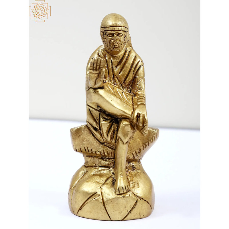 3" Small Brass Shirdi Sai Baba Sculpture – Handcrafted Indian Saint Idol for Home Altar Meditation Décor