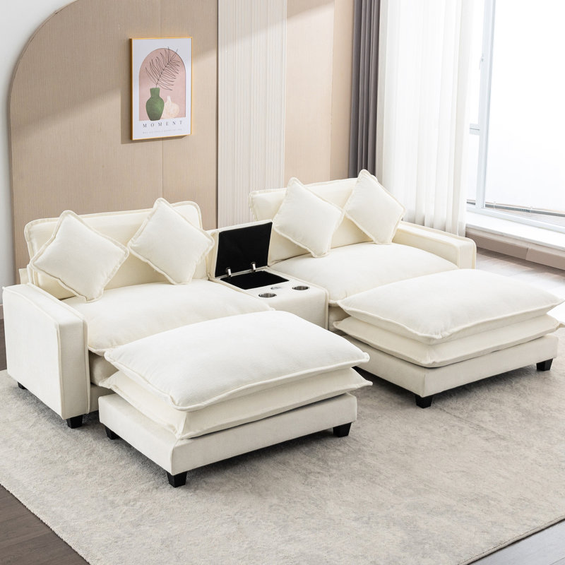 Beige 111" With Two Removable Ottomans, Double Cushion Design, Ports, Cup Holders, Large Storage Box And 4 Pillows, Fabric Sectional Storage, Ottomans Breathable Chenille Material
