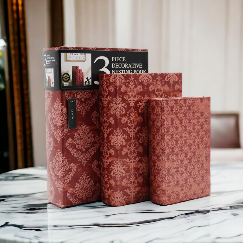Hosley Farmhouse Memory Book Boxes Set of 3 Red Brown & Gold Storage Organizers in 12", 10", 8" Heights for Stylish and Functional Keepsake Storage