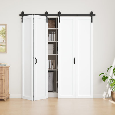  No Assembly Panels, Double Bi-fold Barn Door White Prime Solid Manufactured Wood Interior Closet Doors with Hardware Kit