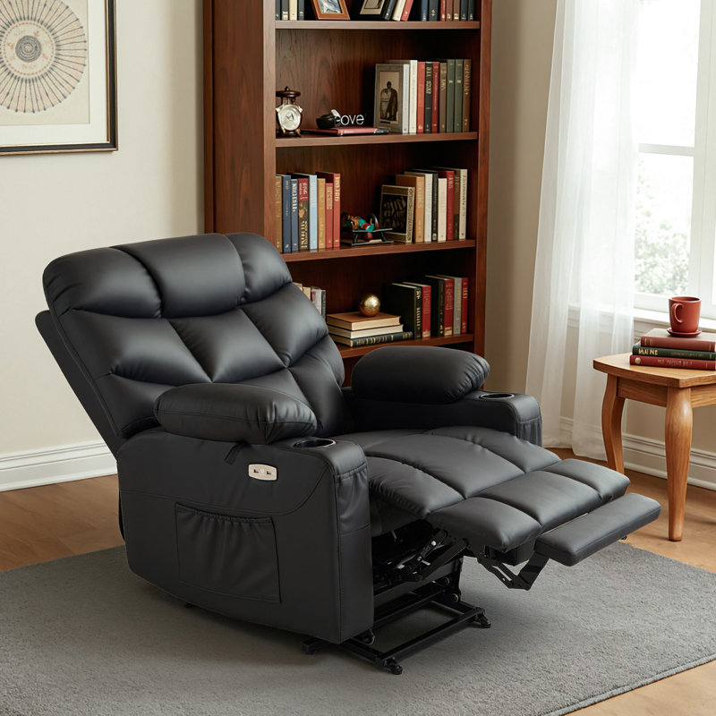 Fauteuil inclinable électrique de 27,2 po de largeur avec repose-pieds allongé, similicuir, Noir