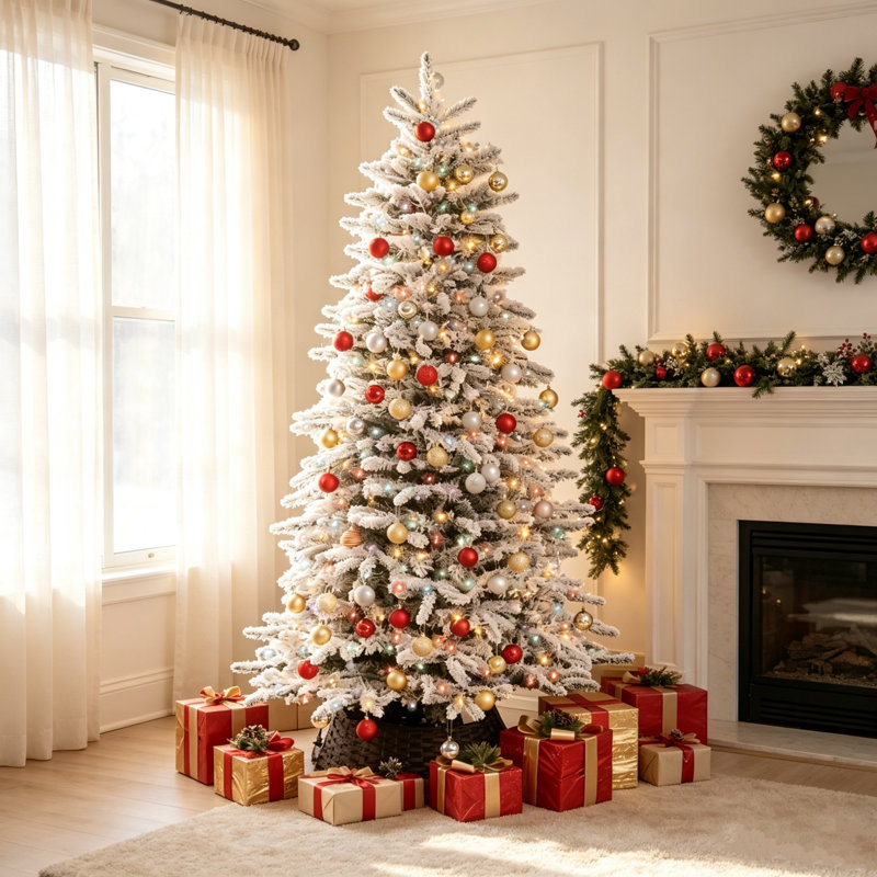 Arbre de Noël artificiel enneigé 7,5 pi avec des branches réalistes et un support en métal robuste pour la décoration des Fêtes