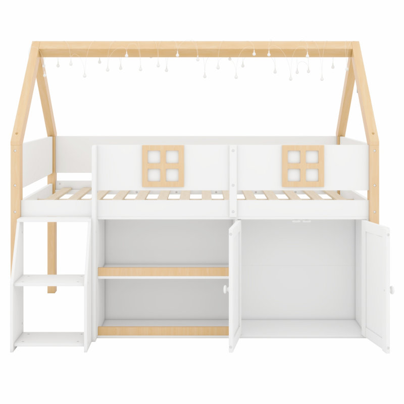 Low Loft Bed Frame with Staircase Entry, Storage Shelving, Cabinets & LED Lighting, Full