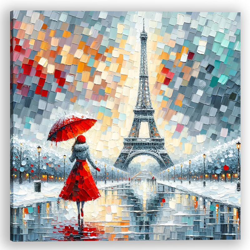 Parisian Rhapsody - Impasto Tour Eiffel et femme avec un parapluie rouge sur toile, H 20 po x l 20 po x P 1,5 po
