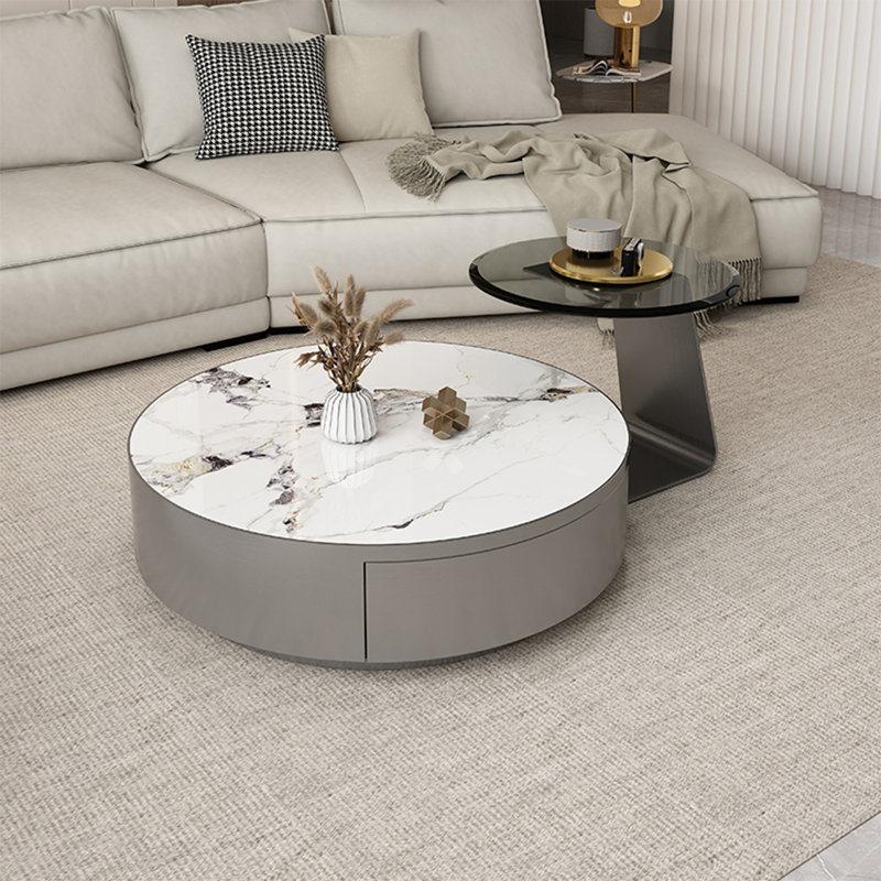 Modern simple oval rock plate coffee table, 12.6" H x 35.4" L x 35.4" W