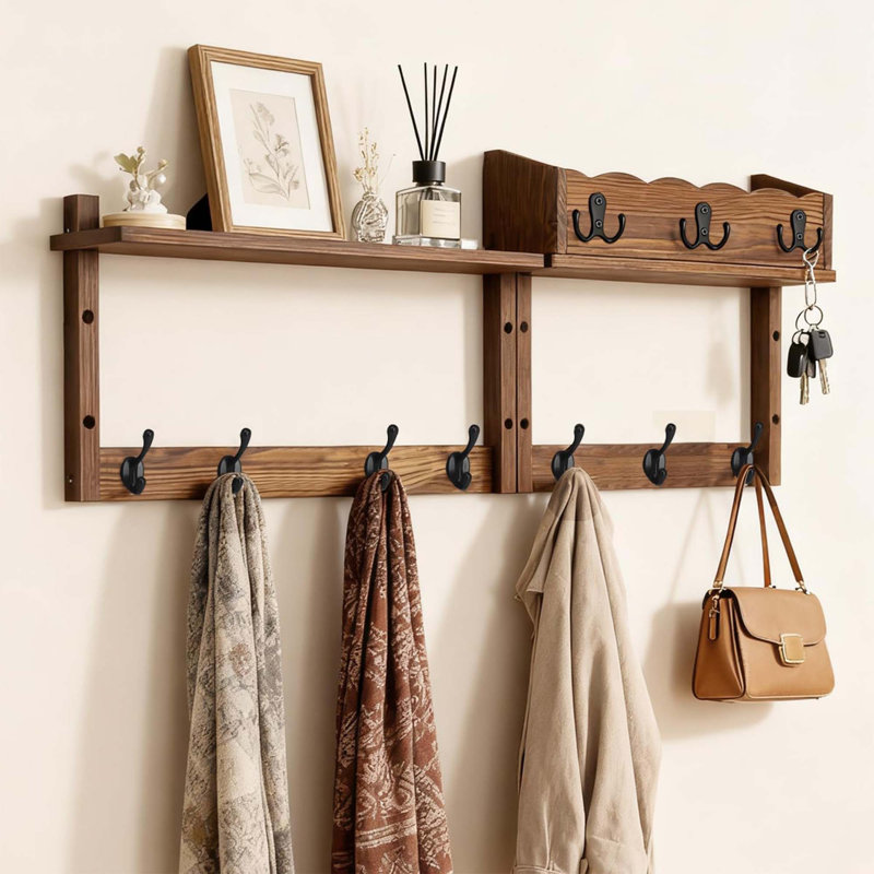 Portemanteau mural avec tablette, porte-clés de vestibule, crochets muraux en bois pour le salon, la chambre et le bureau
