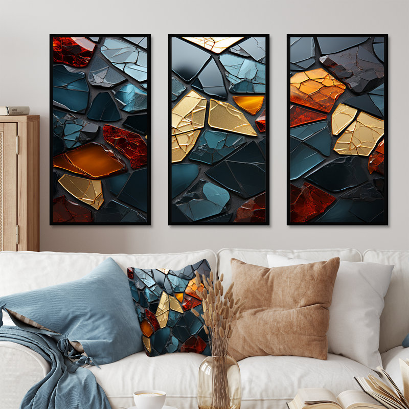 Cubic Mosaic Marble Tiles V - Décoration murale en marbre, H 28 po x l 36 po x P 1 po, Cadre flottant noir