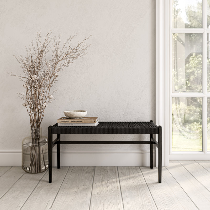 Banc en bois massif Piper avec assise en corde tissée, H 18 po x l 36 po x P 17 po, Noir