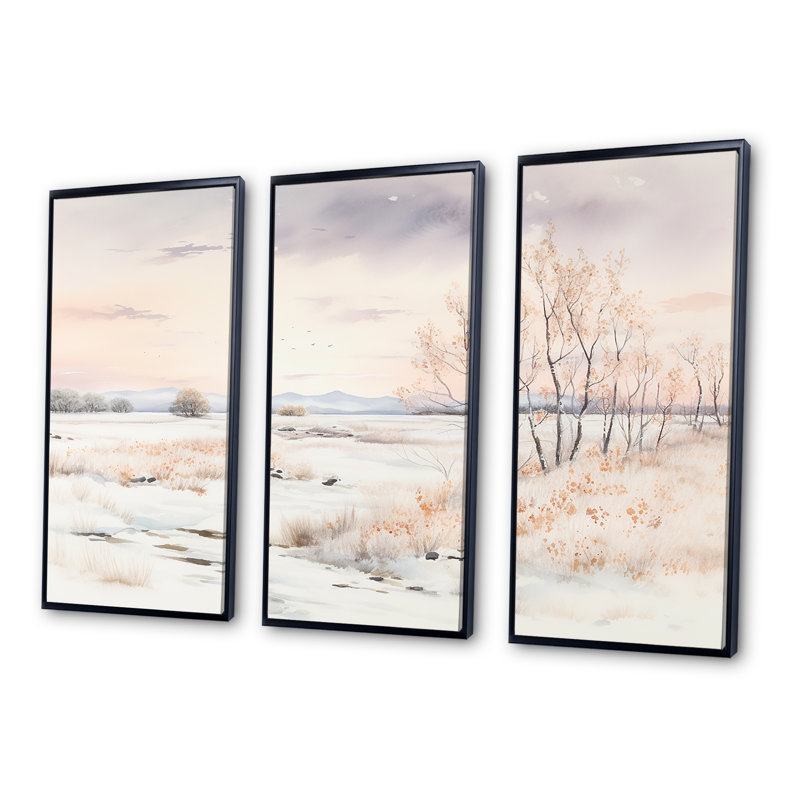 Minimalisme paysage d'hiver au bord du lac - ensemble de décoration murale neige, Cadre flottant noir