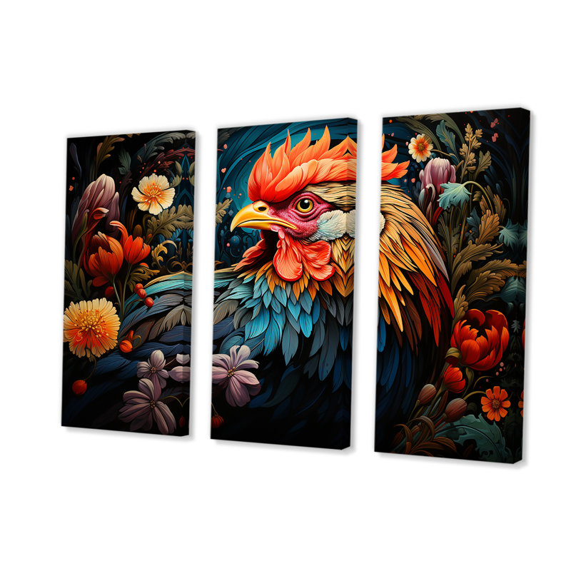 Coq coloré, prairie florale - coq animal, art mural, H 40 po x l 60 po, Toile tendue