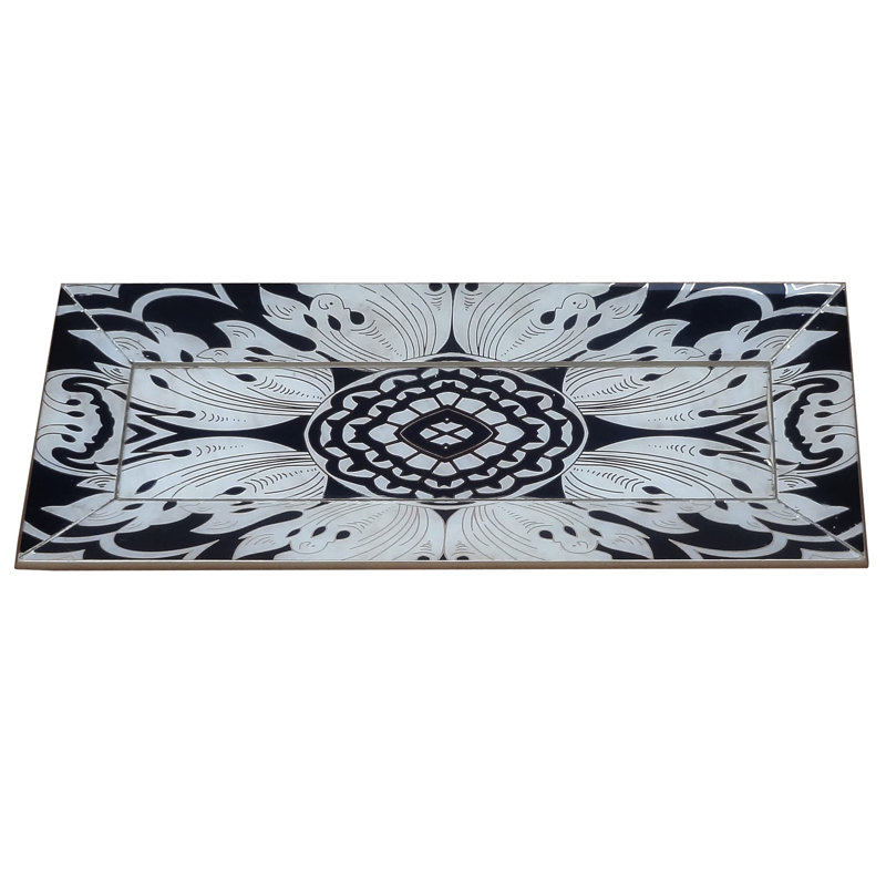 Reverse Painted Mirror Accent Coffee Table Tray, Sand/Silver, 1.6" H x 17.7" W x 24" D