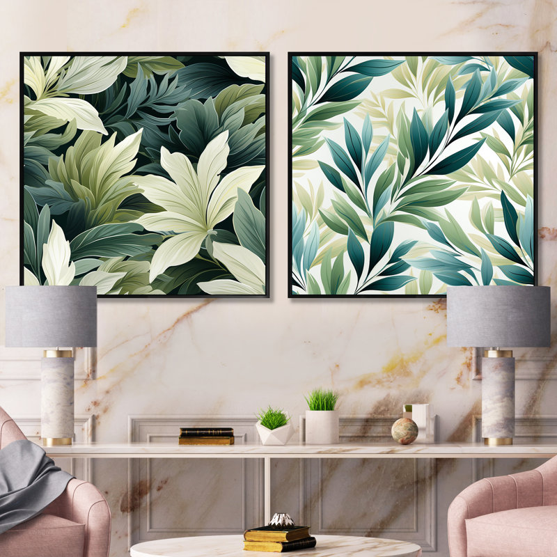 Ensemble de 2 feuilles tropicales à motif de feuilles tropicales - motif carré tropical, Cadre flottant noir