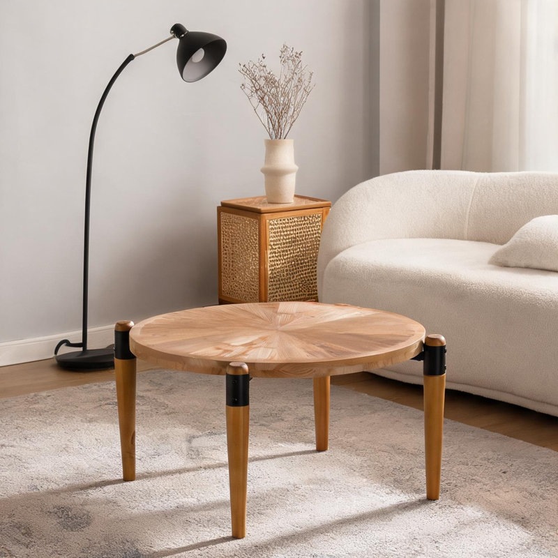 Centre de table de salon rustique rond en bois massif avec finition naturelle noire et pieds noirs de 36,22 po de diamètre
