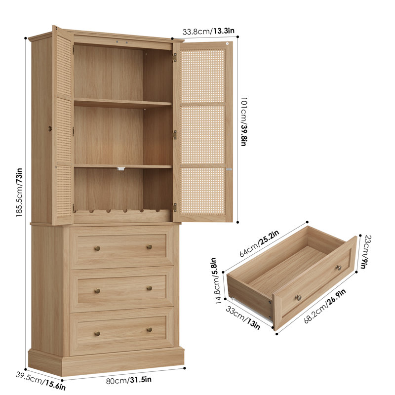 Ashlon 73" Stand Alone Rattan Door Kitchen Pantry With Removable Wine Rack, Wood Storage Pantry Cabinet With 3 Drawers, Brown Oak